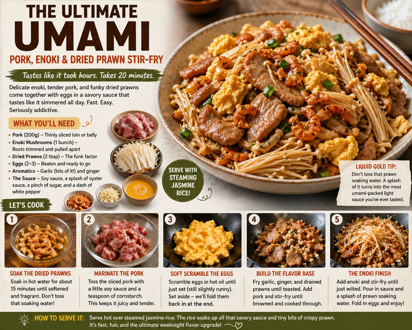 The Ultimate Umami Pork, Enoki & Dried Prawn Stir-Fry